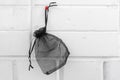 Empty small black gift bag hanging on red pin against white brick wall Royalty Free Stock Photo