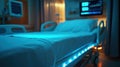 Empty smart hospital bed illuminated with blue light at night Royalty Free Stock Photo