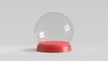 Empty snow glass ball with red tray on white background. 3D rendering.