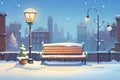 empty snow-laden bench with street lamp above, glowing softly at dusk Royalty Free Stock Photo