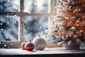 Empty snowy windowsill and white Christmas tree decorations. Greeting card