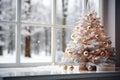 Empty snowy windowsill and white Christmas tree decorations. Greeting card