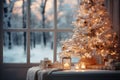 Empty snowy windowsill and white Christmas tree decorations. Greeting card