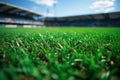 An empty soccer stadium with fresh green grass and blue sky. Football terrain Royalty Free Stock Photo