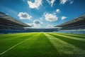 An empty soccer stadium with fresh green grass and blue sky. Football terrain