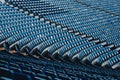 Empty soccer stadium grandstand, blue chairs