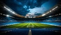 Empty soccer stadium at night with mesmerizing illumination on professional soccer field