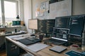 Empty software developer office with multiple screens Royalty Free Stock Photo