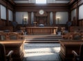 Empty, somber courtroom with a judge's bench, witness stand, and jury box. Royalty Free Stock Photo