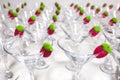 Empty sorbet cocktail glasses with jelly strawberry ready on edge