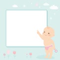 Empty space or banner and little newborn baby girl. Child shows a finger on a empty card template