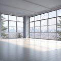 empty space with big windows that offer a breathtaking view of the urban cityscape.