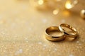 2/3 of the empty space on the left side for text, wedding rings on a gold background. Wedding, engagement, holiday Royalty Free Stock Photo