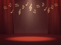 Empty space for product show on red stage with golden music notes. Royalty Free Stock Photo