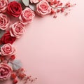 empty space red frabic curve , roses at the corner, generatedAI Royalty Free Stock Photo