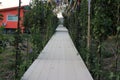 Empty space, walkway, long wooden bridge in the outdoor flower garden.