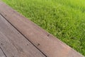 Empty space of wood bridge floor with fresh paddy rice, green agricultural field in countryside or rural area in Asia. Nature Royalty Free Stock Photo