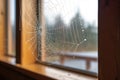 an empty spider web on a window pane