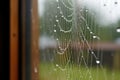 an empty spider web on a window pane