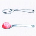 Empty spoon and spoon with pink ice-cream. Spoon watercolor painting on white background.