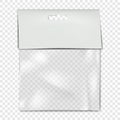 Empty square clear plastic pouch bag with white blank paper top, euro slot mockup. Hanging transparent nylon package mock-up