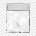 Empty square clear plastic pouch bag with white blank paper top mock-up. Transparent nylon package vector mockup