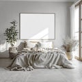 Empty square frame for print or poster mockup on white wall in modern neutral beige, gray bedroom interior with wood floor, rug, Royalty Free Stock Photo
