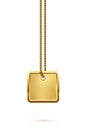 Empty square gold military or dogs badge hanging on steel chain. Vector army object isolated on white background