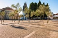 Empty square with trees and church. Rural square with brick pavement. Countryside landmark.