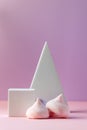 Empty Square and Triangle White Platform Podium on Pink Background Mock up Background for Cosmetic Product Presentation Vertical