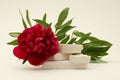 Empty stack of stones, pion flower and leaf platform podium on beige background. Minimal empty display product presentation scene