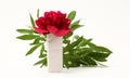 Empty stack of stones, pion flower and leaf platform podium on beige background. Minimal empty display product presentation scene