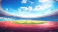 Empty Stadium During the Day with Clear Blue Sky. Red Running Track for Athletics. AI Generative