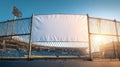 Empty stadium fence with large white banner and bright sunlight creating a vibrant atmosphere Royalty Free Stock Photo