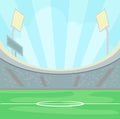 Empty stadium with a green grass in the day time under a blue sky, illuminated sport field background vector