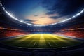 An empty stadium for playing football, soccer in the open air in the bright rays of floodlights. Dark sky with clouds Royalty Free Stock Photo