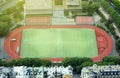 Empty stadium soccer field on sunny day Royalty Free Stock Photo