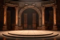 An empty stage with ancient columns and lights. Generative AI image. Royalty Free Stock Photo