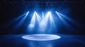 Empty stage arena with bright spotlights. Cool blue light illuminates stage area. Concert production. Suitable for music Royalty Free Stock Photo