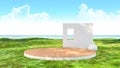 Empty stage backdrop platform in green grass field with sea view background, 3d rendering Royalty Free Stock Photo