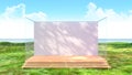 Empty stage backdrop platform in green grass field with sea view background, 3d rendering Royalty Free Stock Photo