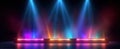 Empty stage background with colorful neon spot light beam shine on smoke background. Generative AI Royalty Free Stock Photo