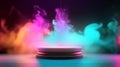 Empty stage background with colorful neon spot light beam shine on smoke background. Generative AI Royalty Free Stock Photo