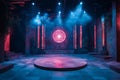 Empty stage bathed in dramatic pink and blue lighting, creating an atmosphere of anticipation for an upcoming performance Royalty Free Stock Photo