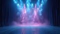 Empty stage with blue and pink lights, smoke effects, and dark curtains. Blue stage floor reflects dramatic lighting, creating Royalty Free Stock Photo