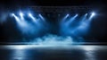 Empty stage with blue spotlight and smoke, concert lighting, show background
