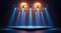 Empty stage with blue spotlights and orange overhead lights image Royalty Free Stock Photo