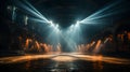 An empty stage club with bright stage light beams. smokey atmosphere background Royalty Free Stock Photo