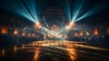 An empty stage club with bright stage light beams. smokey atmosphere background Royalty Free Stock Photo