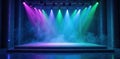 Empty stage with colorful lighting and atmospheric smoke for a performance. Generative AI Royalty Free Stock Photo